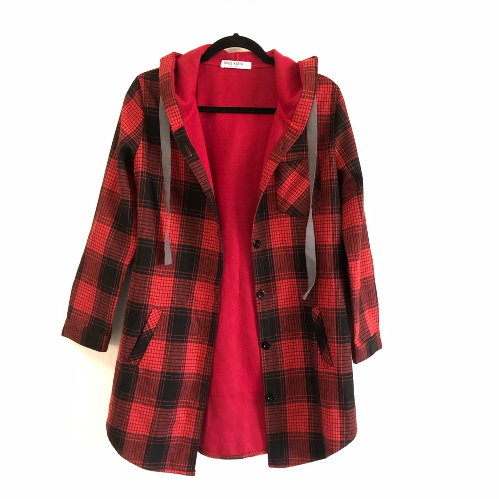 Grace Karin Red Buffalo plaid hooded jacket S